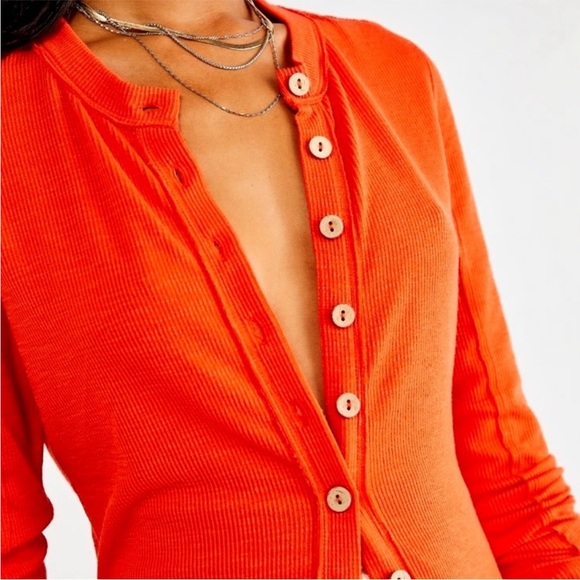 Free People We The Free Gia Ribbed Button-Down Cardigan Sweater Orange Large - Picture 4 of 8